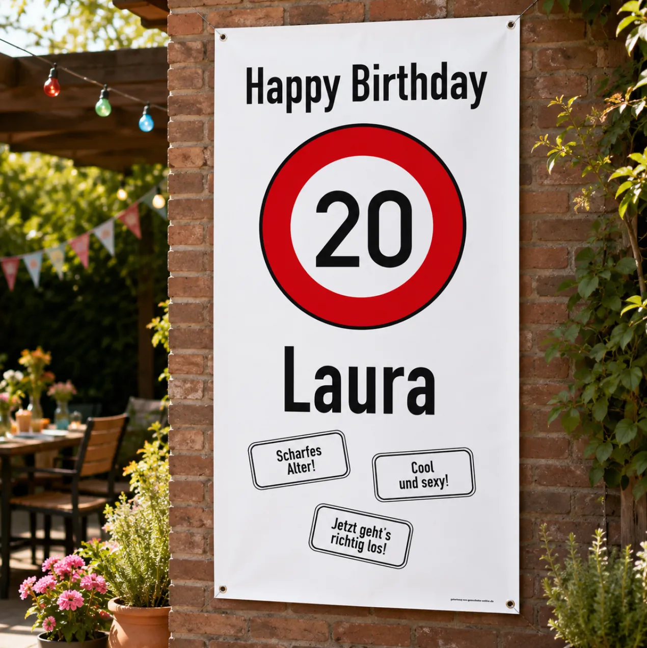 XXL-Banner zum 20. Geburtstag im Hochformat personalisiert mit Name | Verkehrszeichen Motiv