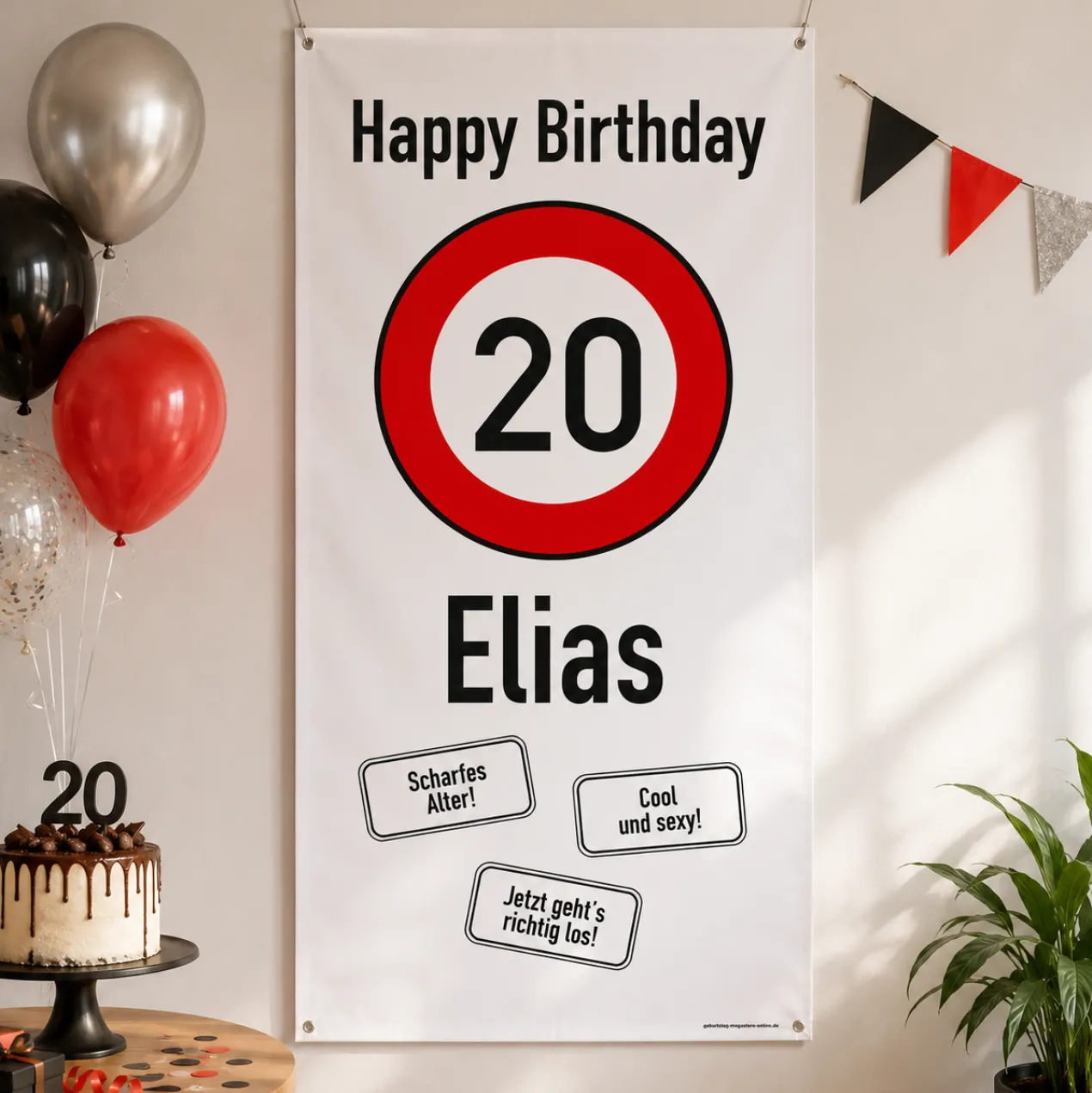 XXL-Banner zum 20. Geburtstag im Hochformat personalisiert mit Name | Verkehrszeichen Motiv