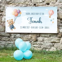 XXL Banner zur Geburt eines Jungen mit Name & Wunschtext personalisiert | Baby Deko mit Bär & Ballon