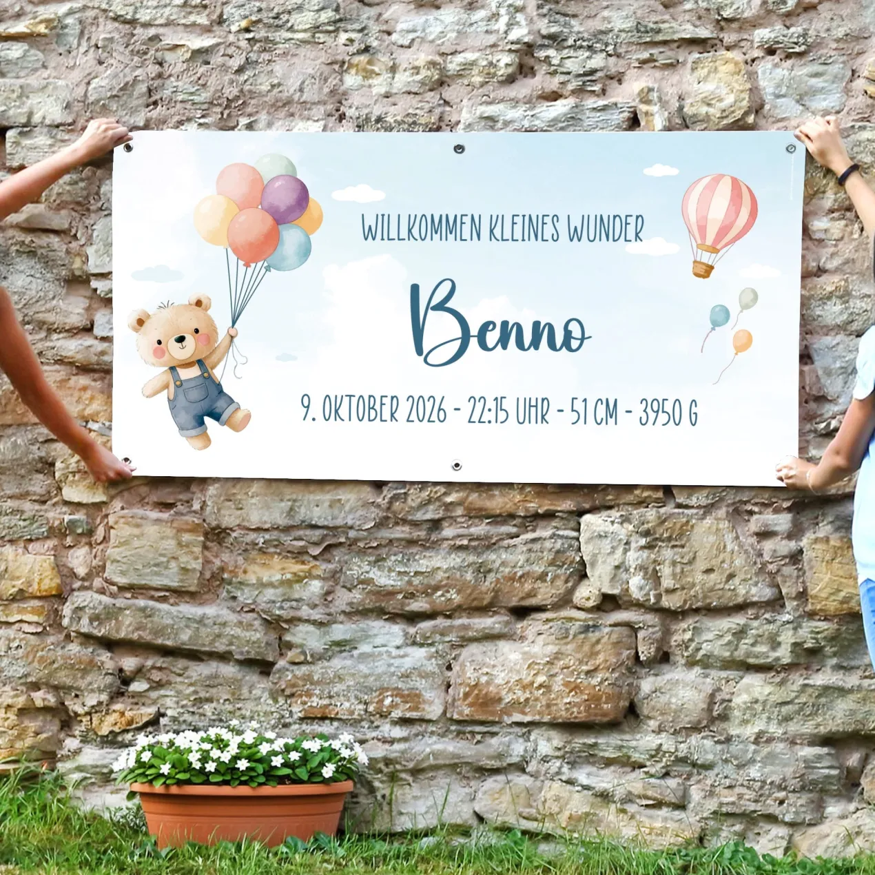 XXL Banner zur Geburt eines Jungen mit Name & Wunschtext personalisiert | Baby Deko mit Bär & Ballon