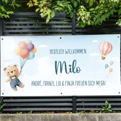 XXL Banner zur Geburt eines Jungen mit Name & Wunschtext personalisiert | Baby Deko mit Bär & Ballon