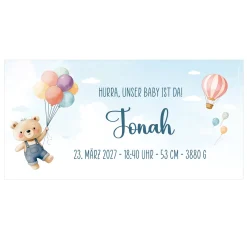 XXL Banner zur Geburt eines Jungen mit Name & Wunschtext personalisiert | Baby Deko mit Bär & Ballon