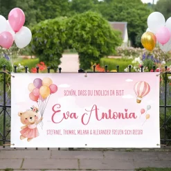 XXL Banner zur Geburt für Mädchen mit Name & Wunschtext personalisiert | Baby Deko mit Bär & Ballons