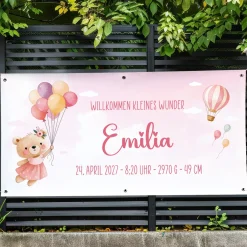 XXL Banner zur Geburt für Mädchen mit Name & Wunschtext personalisiert | Baby Deko mit Bär & Ballons