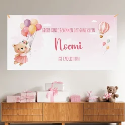 XXL Banner zur Geburt für Mädchen mit Name & Wunschtext personalisiert | Baby Deko mit Bär & Ballons