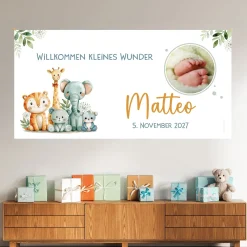 XXL Banner zur Geburt mit Foto & Wunschtext | Baby Deko mit Tier Safari Motiv für Jungen & Mädchen