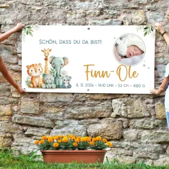XXL Banner zur Geburt mit Foto & Wunschtext | Baby Deko mit Tier Safari Motiv für Jungen & Mädchen