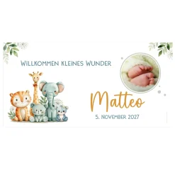 XXL Banner zur Geburt mit Foto & Wunschtext | Baby Deko mit Tier Safari Motiv für Jungen & Mädchen
