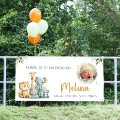 XXL Banner zur Geburt mit Foto & Wunschtext | Baby Deko mit Tier Safari Motiv für Jungen & Mädchen