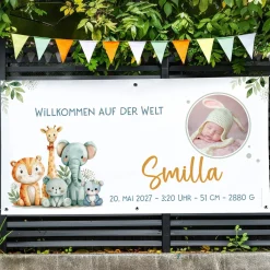 XXL Banner zur Geburt mit Foto & Wunschtext | Baby Deko mit Tier Safari Motiv für Jungen & Mädchen