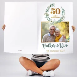 XXL Foto-Karte zur Goldenen Hochzeit mit Eukalyptuskranz, Namen & Datum
