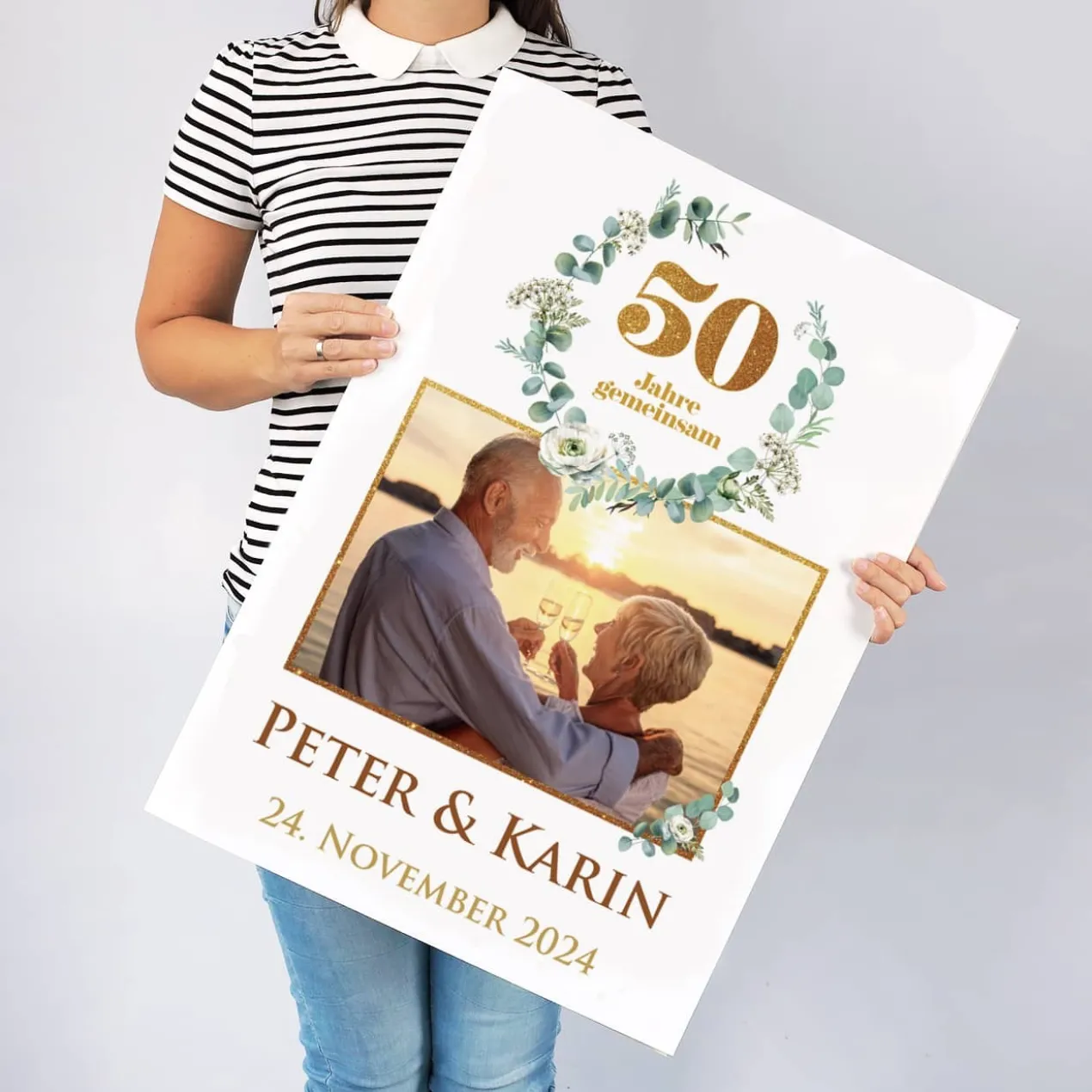 XXL Foto-Karte zur Goldenen Hochzeit mit Eukalyptuskranz, Namen & Datum