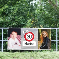 XXL Geburtstagsbanner mit Verkehrszeichenmotiv und 2 Wunschfotos
