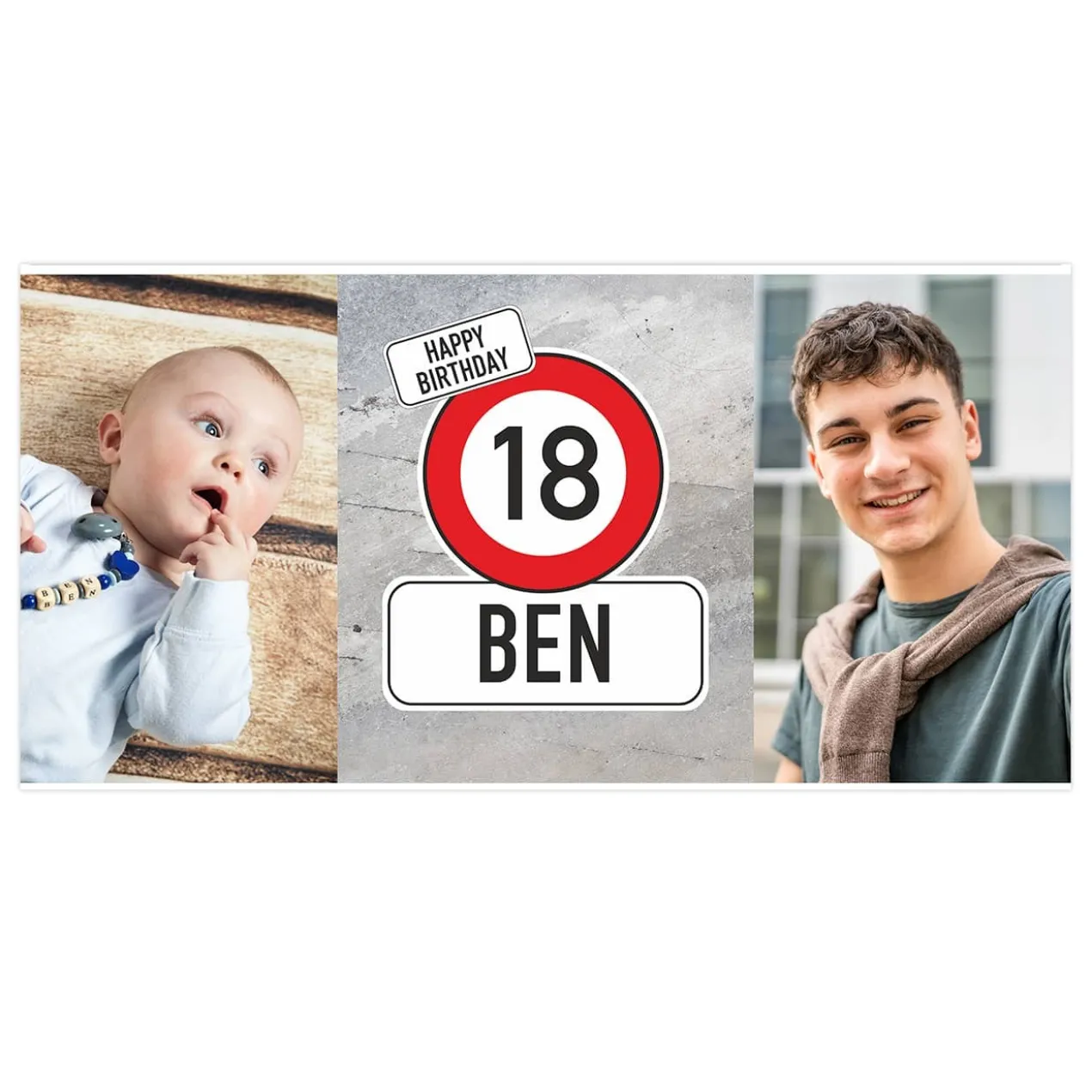 XXL Geburtstagsbanner mit Verkehrszeichenmotiv und 2 Wunschfotos