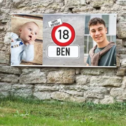 XXL Geburtstagsbanner mit Verkehrszeichenmotiv und 2 Wunschfotos