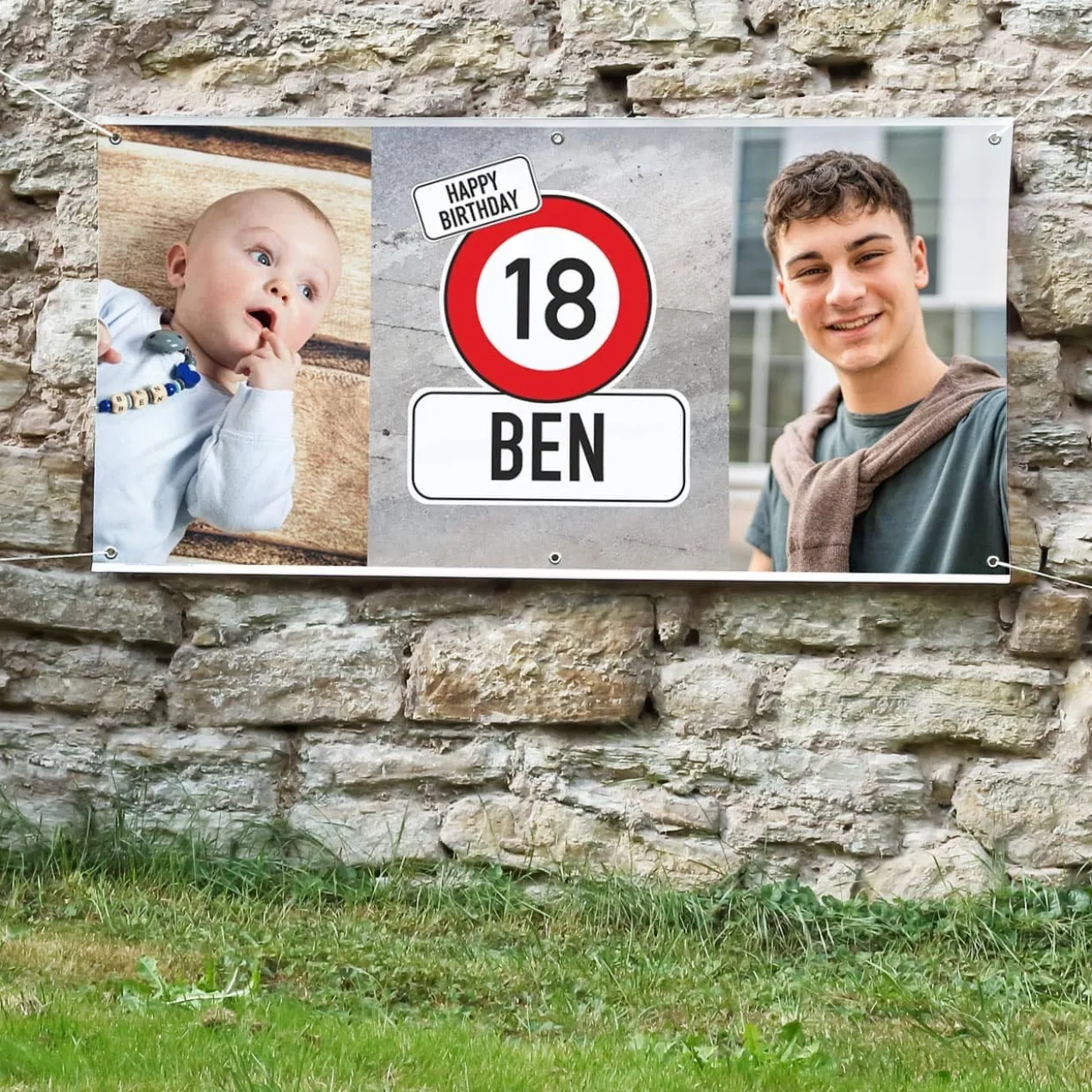 XXL Geburtstagsbanner mit Verkehrszeichenmotiv und 2 Wunschfotos