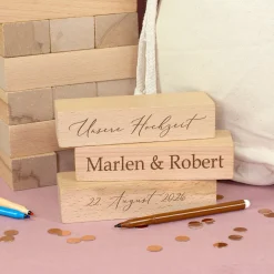 XXL Jenga Wackelturm als Gästebuch zur Hochzeit personalisiert mit Gravur & Geschenksack