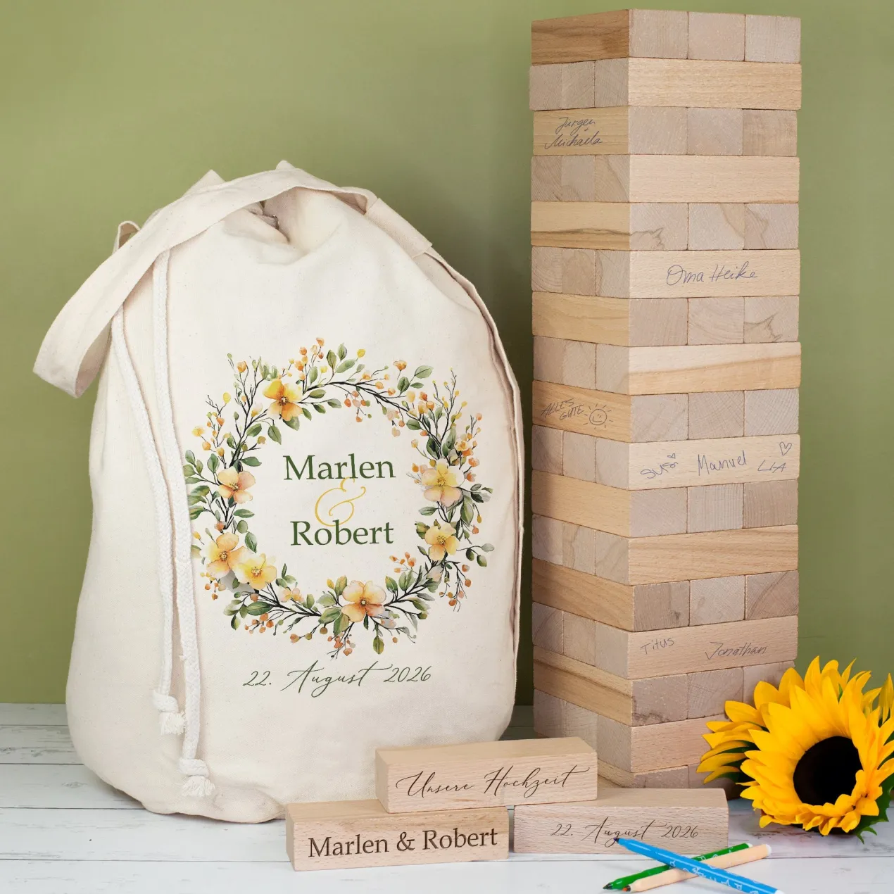 XXL Jenga Wackelturm als Gästebuch zur Hochzeit personalisiert mit Gravur & Geschenksack