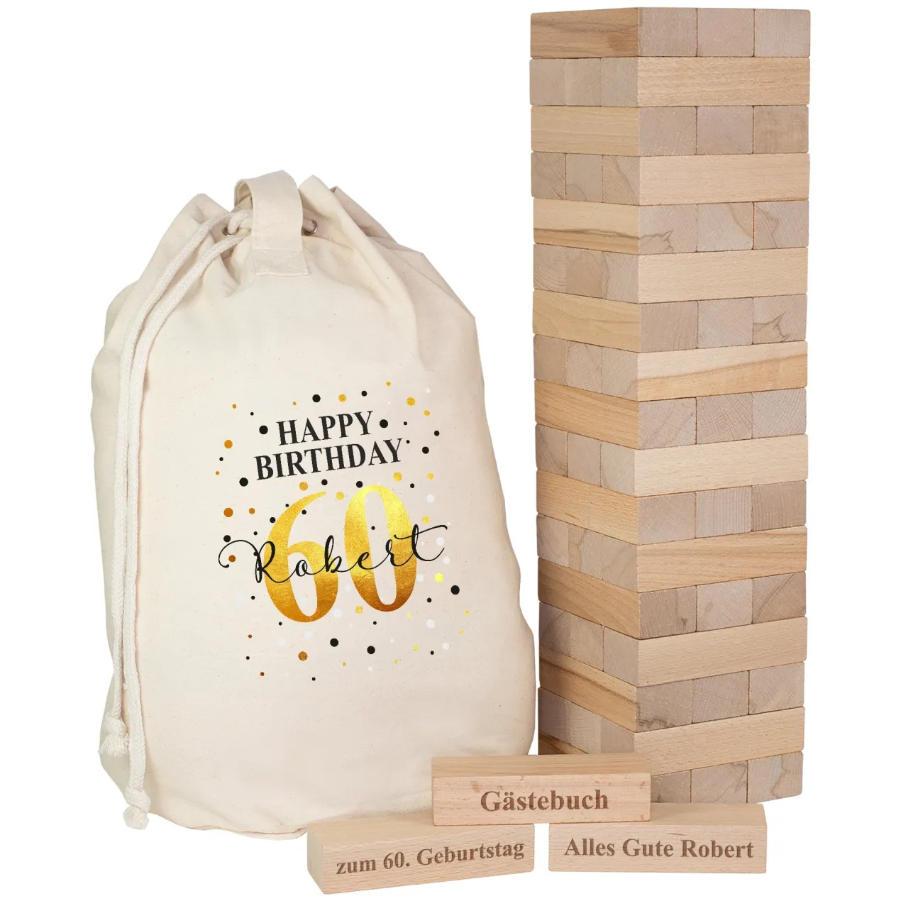 XXL Jenga Wackelturm als personalisiertes Gästebuch zum Geburtstag mit Geschenkesack | Kreatives Geschenk