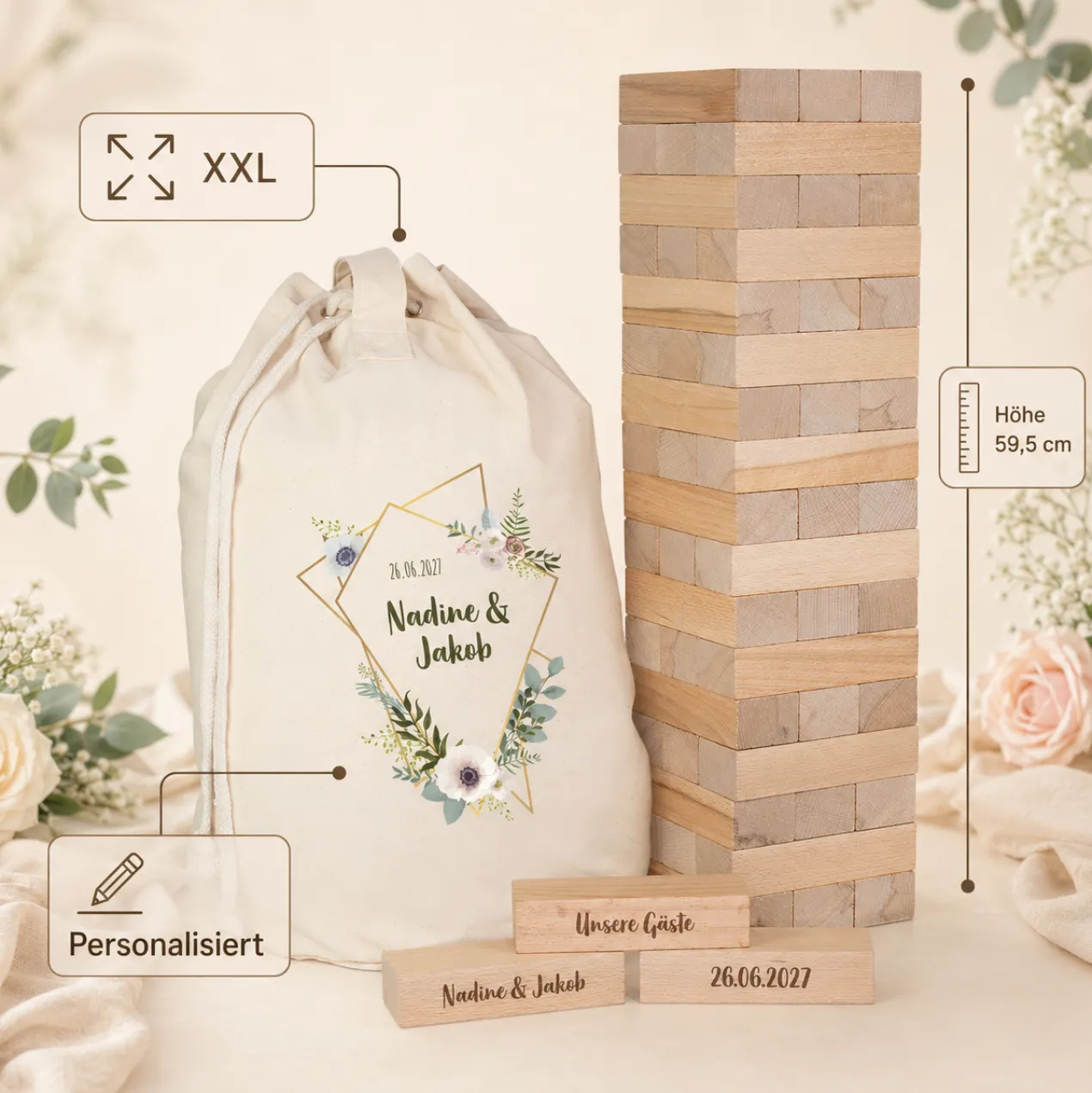XXL Jenga Wackelturm als personalisiertes Gästebuch zur Hochzeit mit Gravur & Geschenksack mit Motiv
