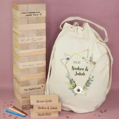 XXL Jenga Wackelturm als personalisiertes Gästebuch zur Hochzeit mit Gravur & Geschenksack mit Motiv