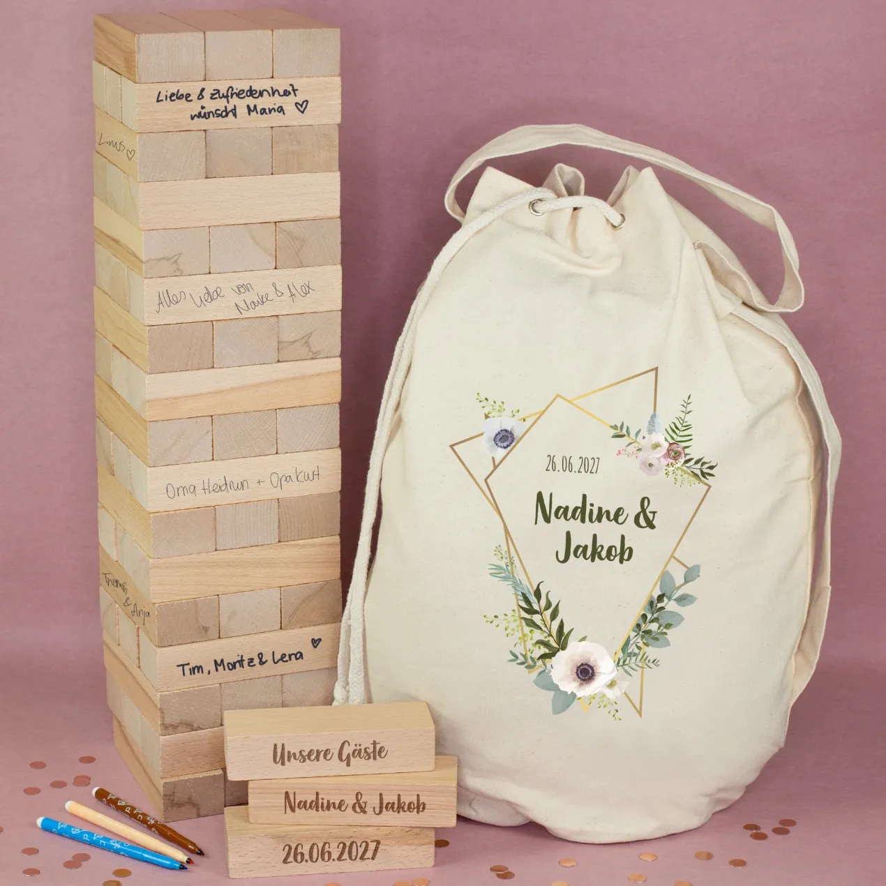 XXL Jenga Wackelturm als personalisiertes Gästebuch zur Hochzeit mit Gravur & Geschenksack mit Motiv