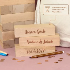 XXL Jenga Wackelturm als personalisiertes Gästebuch zur Hochzeit mit Gravur & Geschenksack mit Motiv