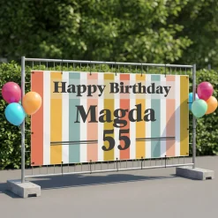 XXXL Bauzaun Banner zum Geburtstag mit bunten Streifen, Name und Alter personalisiert | Partybanner