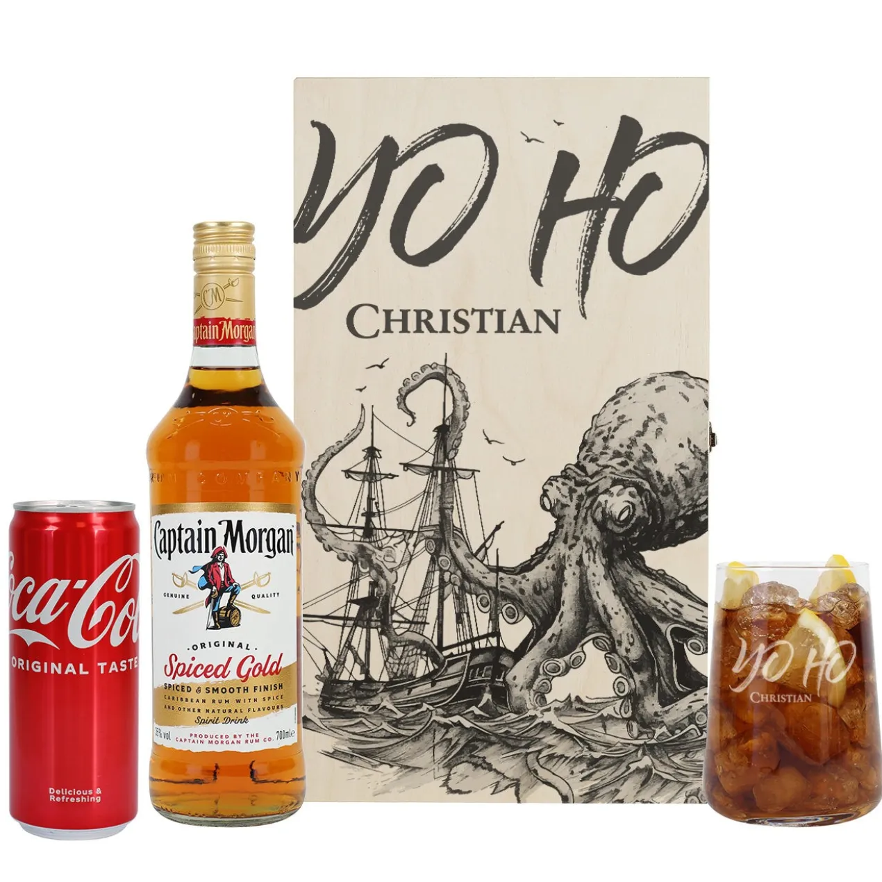 Yo Ho - Hochwertiges Geschenkset mit Captain Morgan, Coca Cola und Glas