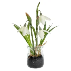 Zarte Schneeglöckchen im Glas mit Schnee und Morgentau | Hochwertige Seidenblumen als Dekoration