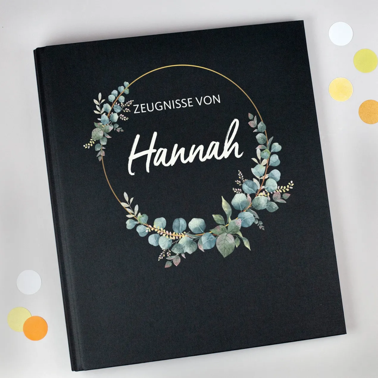 Zeugnismappe aus Leinen personalisiert mit Name und Eukalyptuskranz | Farbauswahl