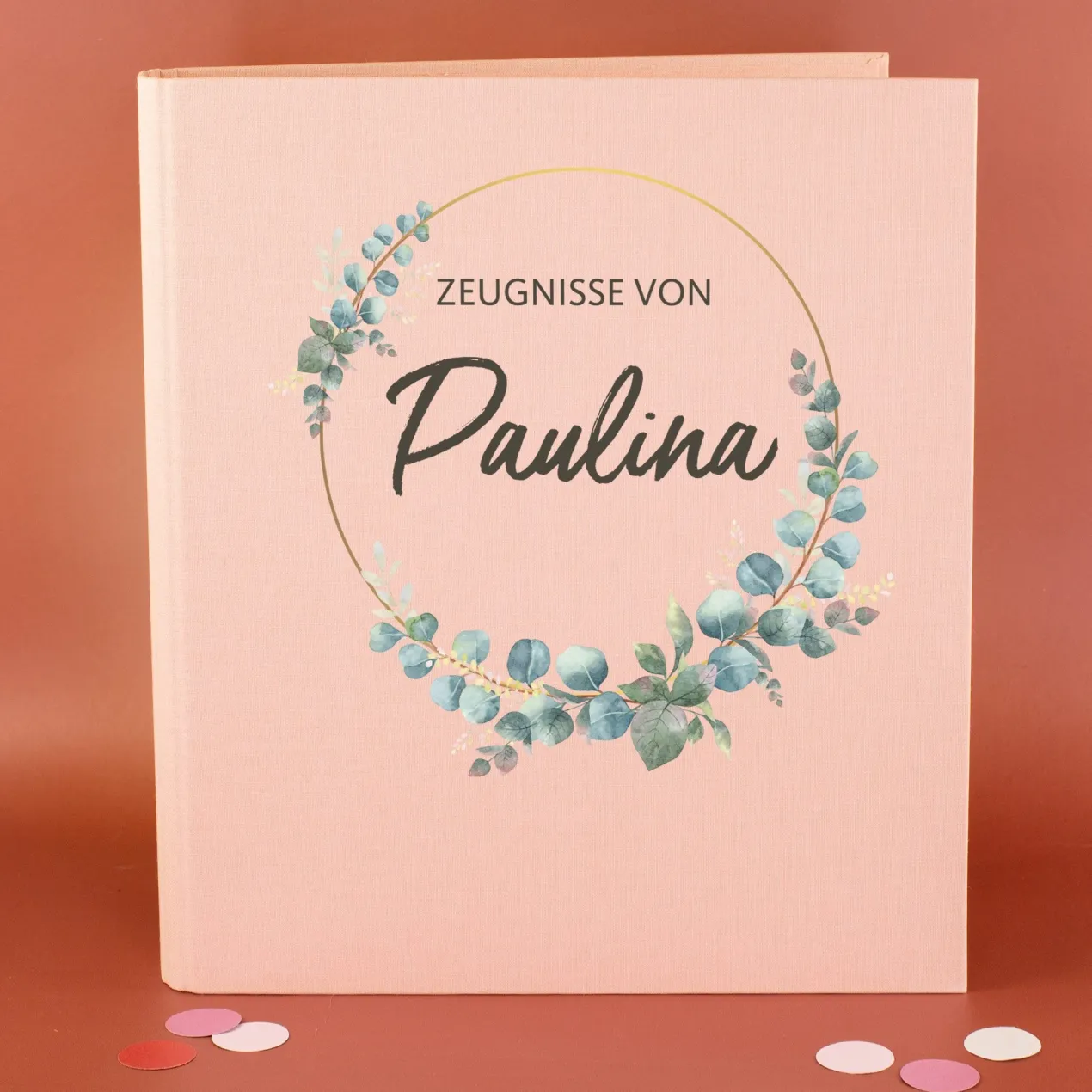Zeugnismappe aus Leinen personalisiert mit Name und Eukalyptuskranz | Farbauswahl