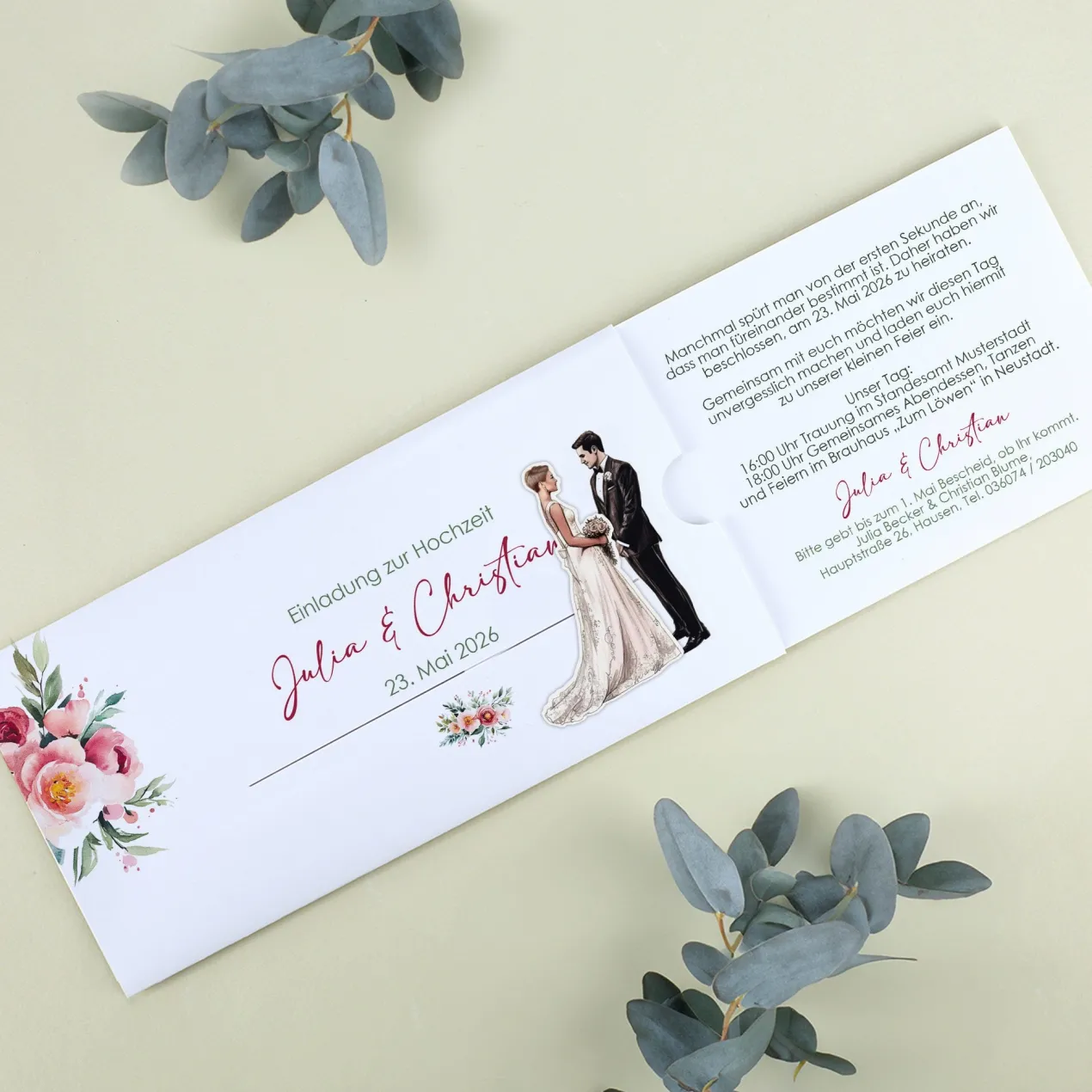 Ziehkarte - Hochzeitseinladung mit Bräutigam & Braut mit Kurzhaarschnitt