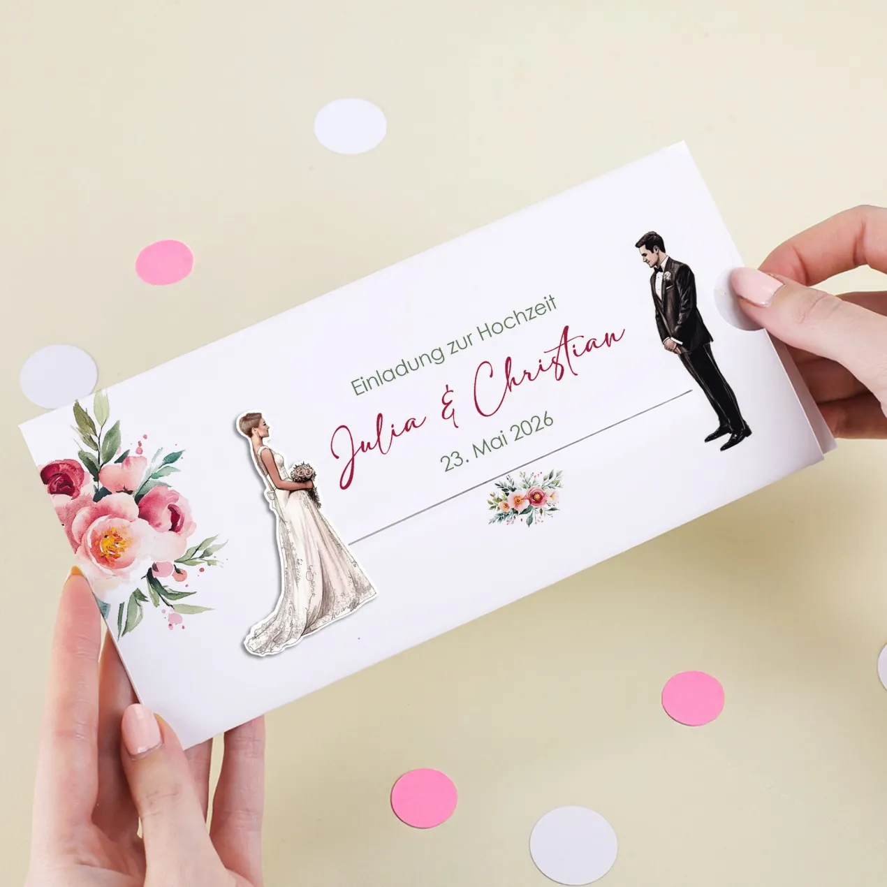 Ziehkarte - Hochzeitseinladung mit Bräutigam & Braut mit Kurzhaarschnitt
