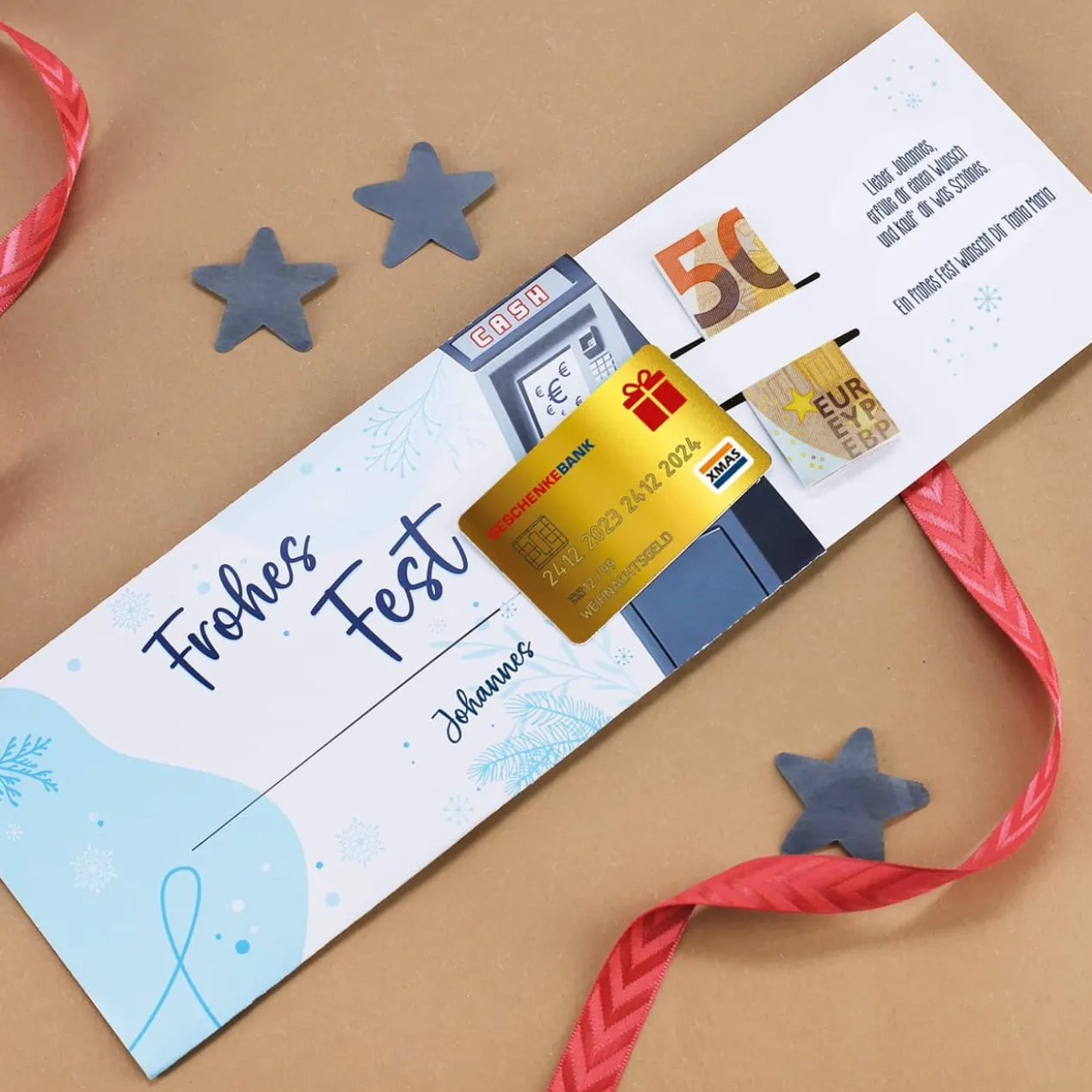 Ziehkarte mit goldener Kreditkarte & Geldautomat - für Geldgeschenk zu Weihnachten