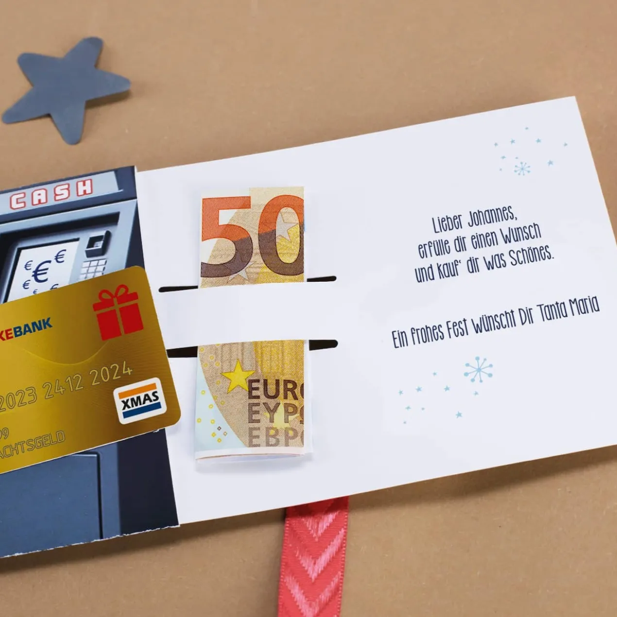 Ziehkarte mit goldener Kreditkarte & Geldautomat - für Geldgeschenk zu Weihnachten