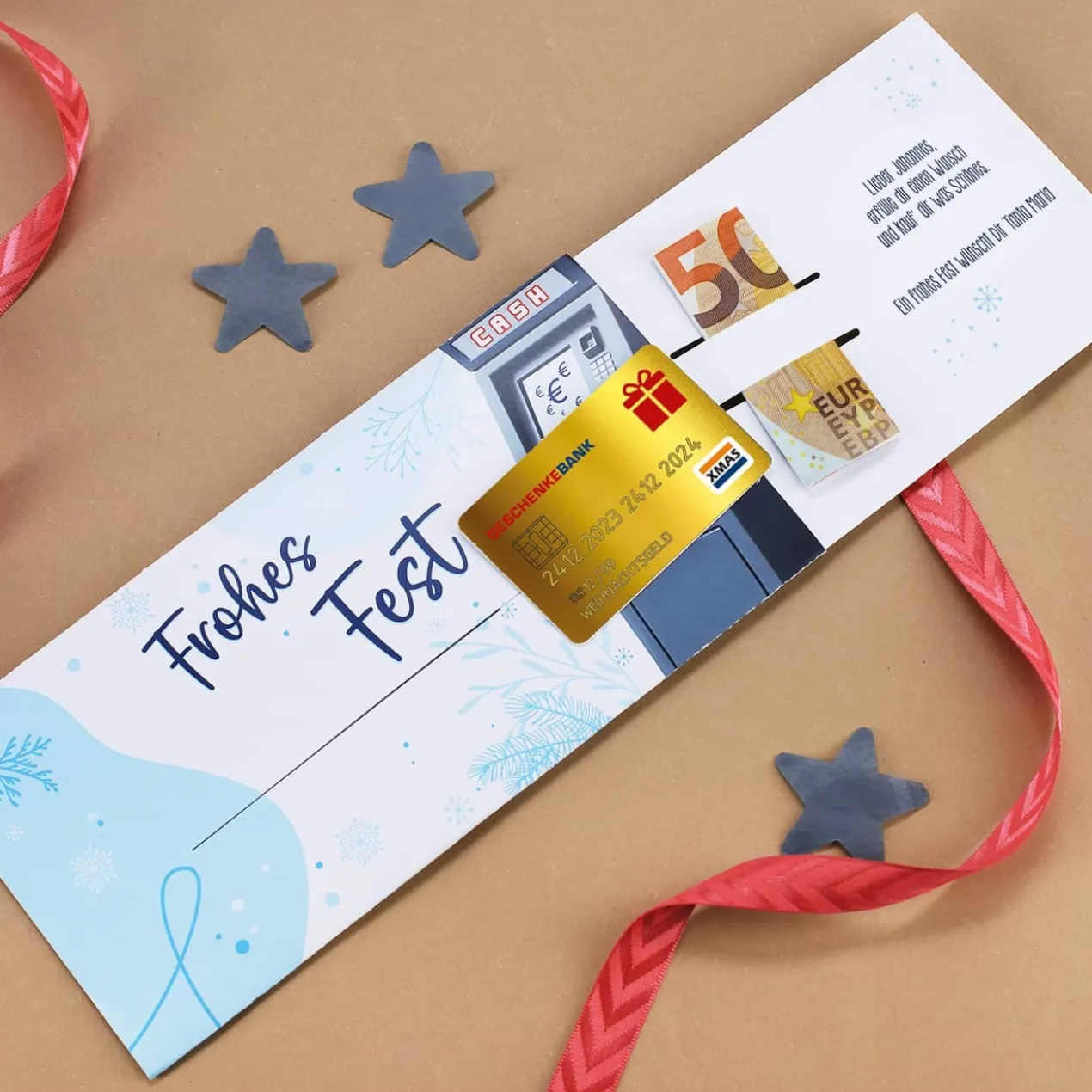Ziehkarte mit goldener Kreditkarte & Geldautomat - für Geldgeschenk zu Weihnachten