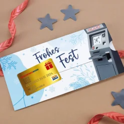 Ziehkarte mit goldener Kreditkarte & Geldautomat - für Geldgeschenk zu Weihnachten