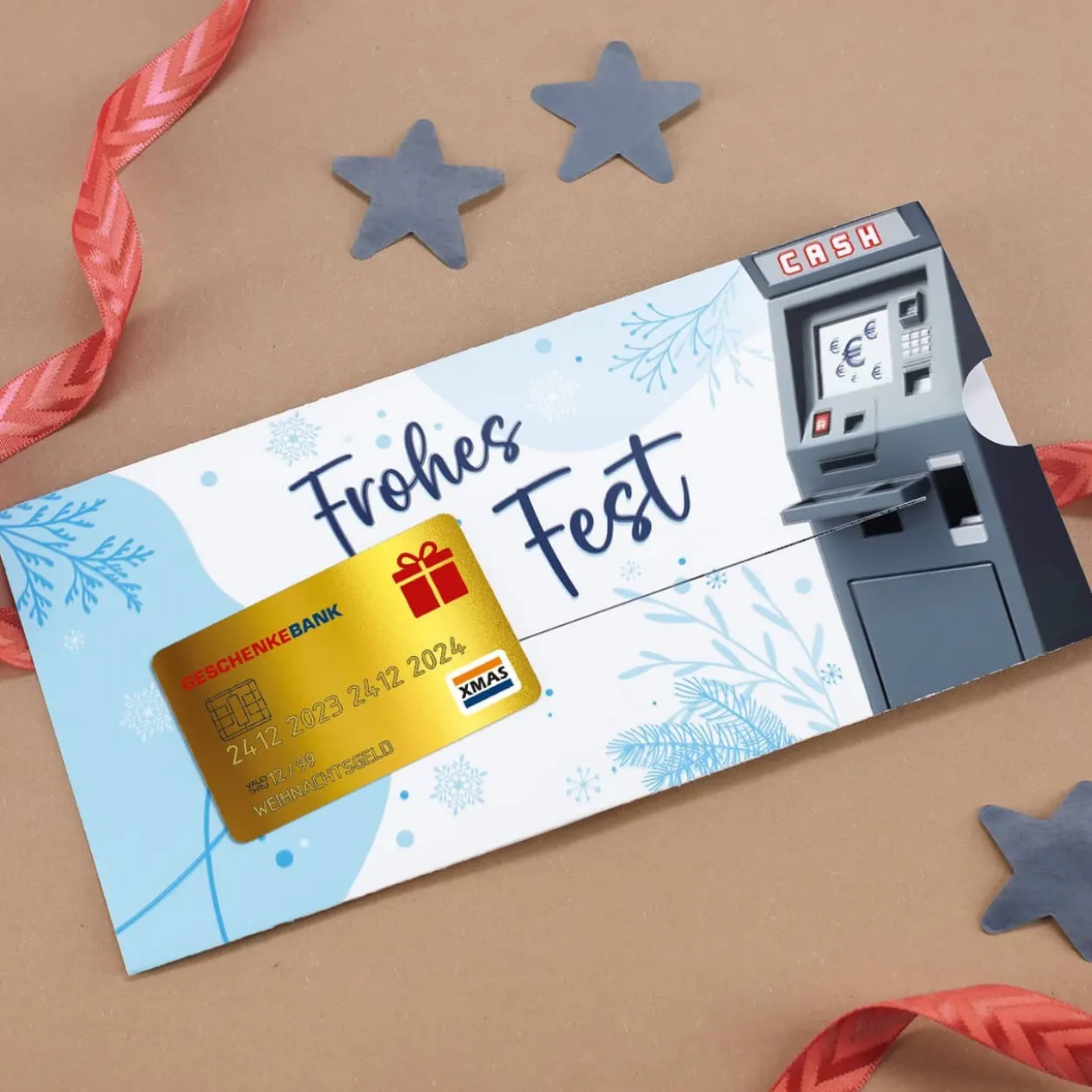 Ziehkarte mit goldener Kreditkarte & Geldautomat - für Geldgeschenk zu Weihnachten