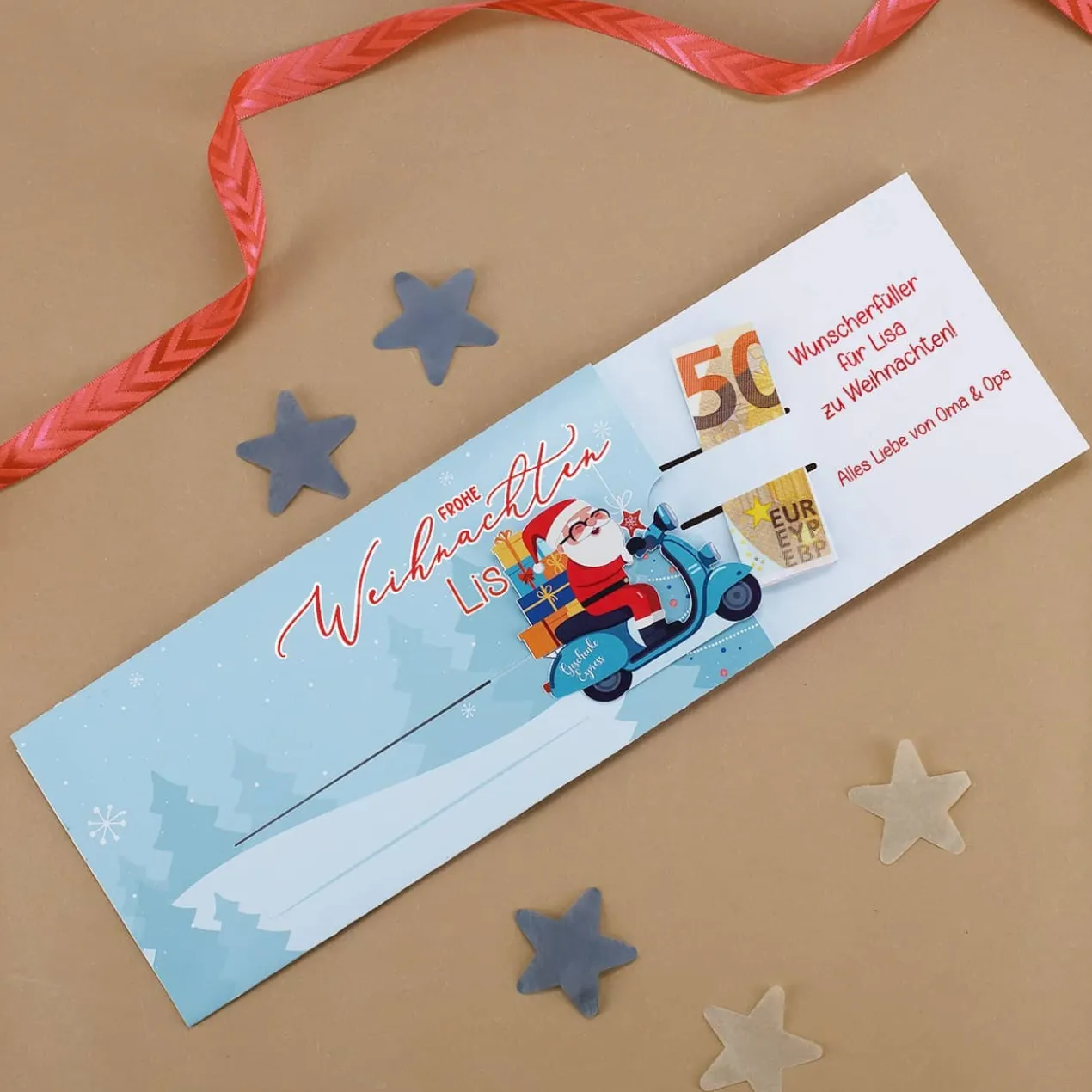 Ziehkarte mit Weihnachtsmann - für Ihr Geldgeschenk zum Fest