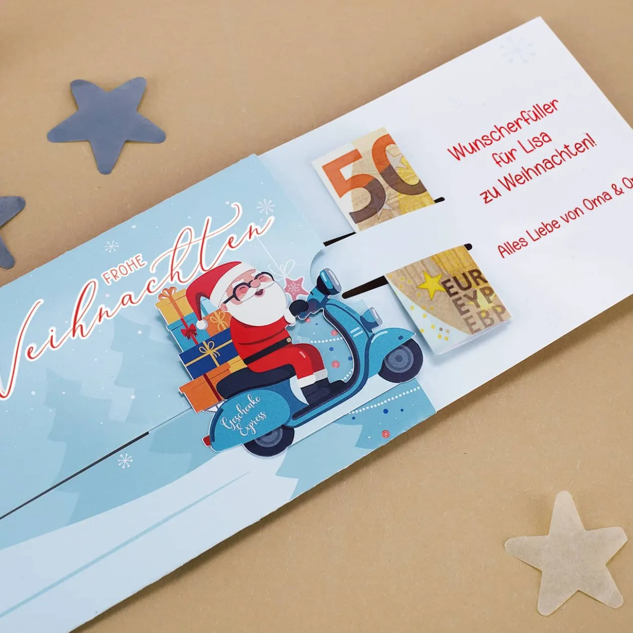 Ziehkarte mit Weihnachtsmann - für Ihr Geldgeschenk zum Fest