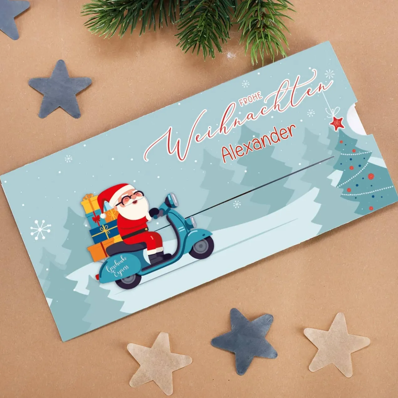 Ziehkarte mit Weihnachtsmann - für Ihr Geldgeschenk zum Fest