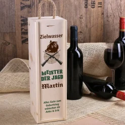 Zielwasser - Flaschenverpackung aus Holz mit Name und Wunschtext für Jäger
