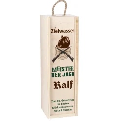 Zielwasser - Flaschenverpackung aus Holz mit Name und Wunschtext für Jäger