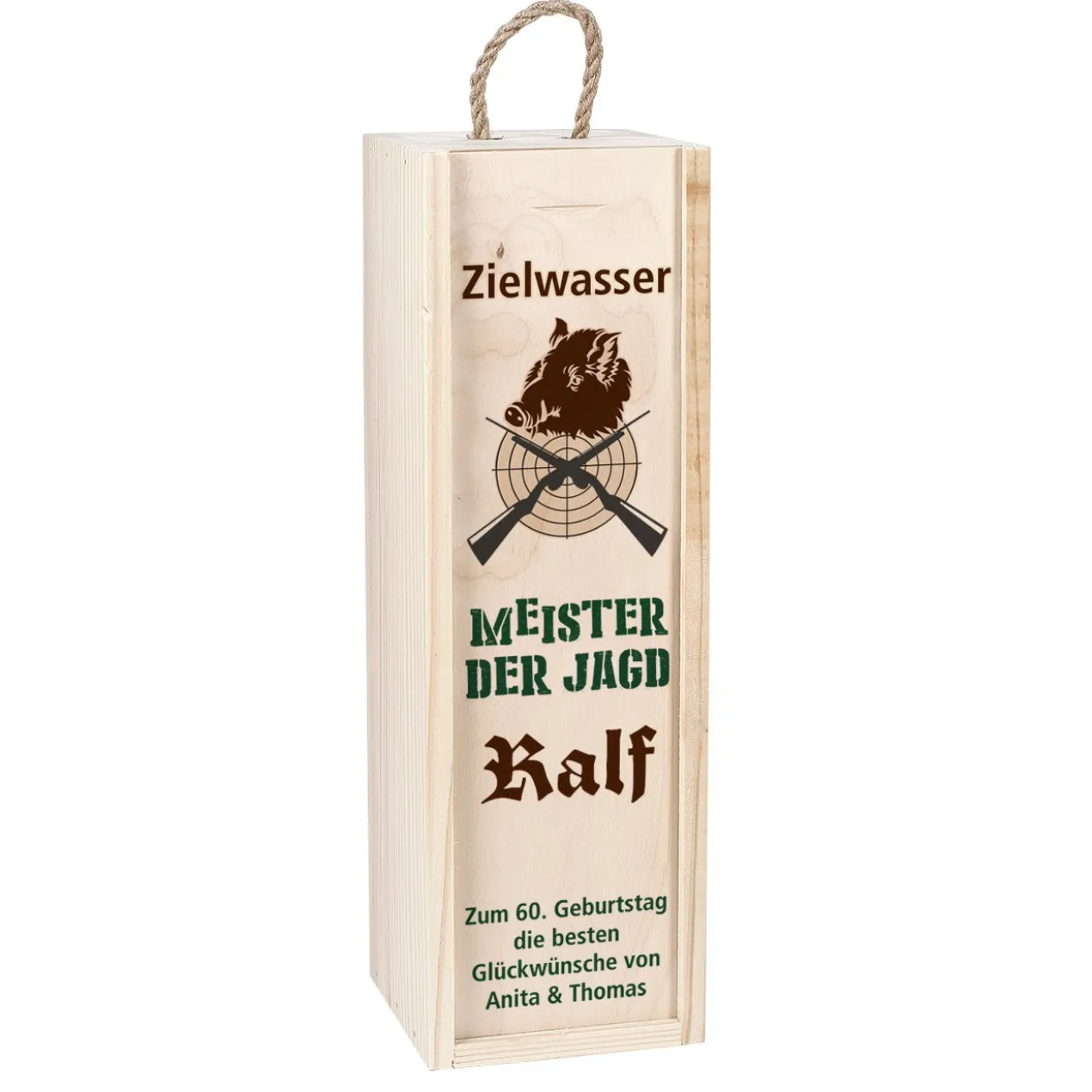 Zielwasser - Flaschenverpackung aus Holz mit Name und Wunschtext für Jäger