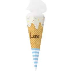 Zuckertüte in Form einer Eiswaffel mit buntem Streuselaufdruck und Wunschname