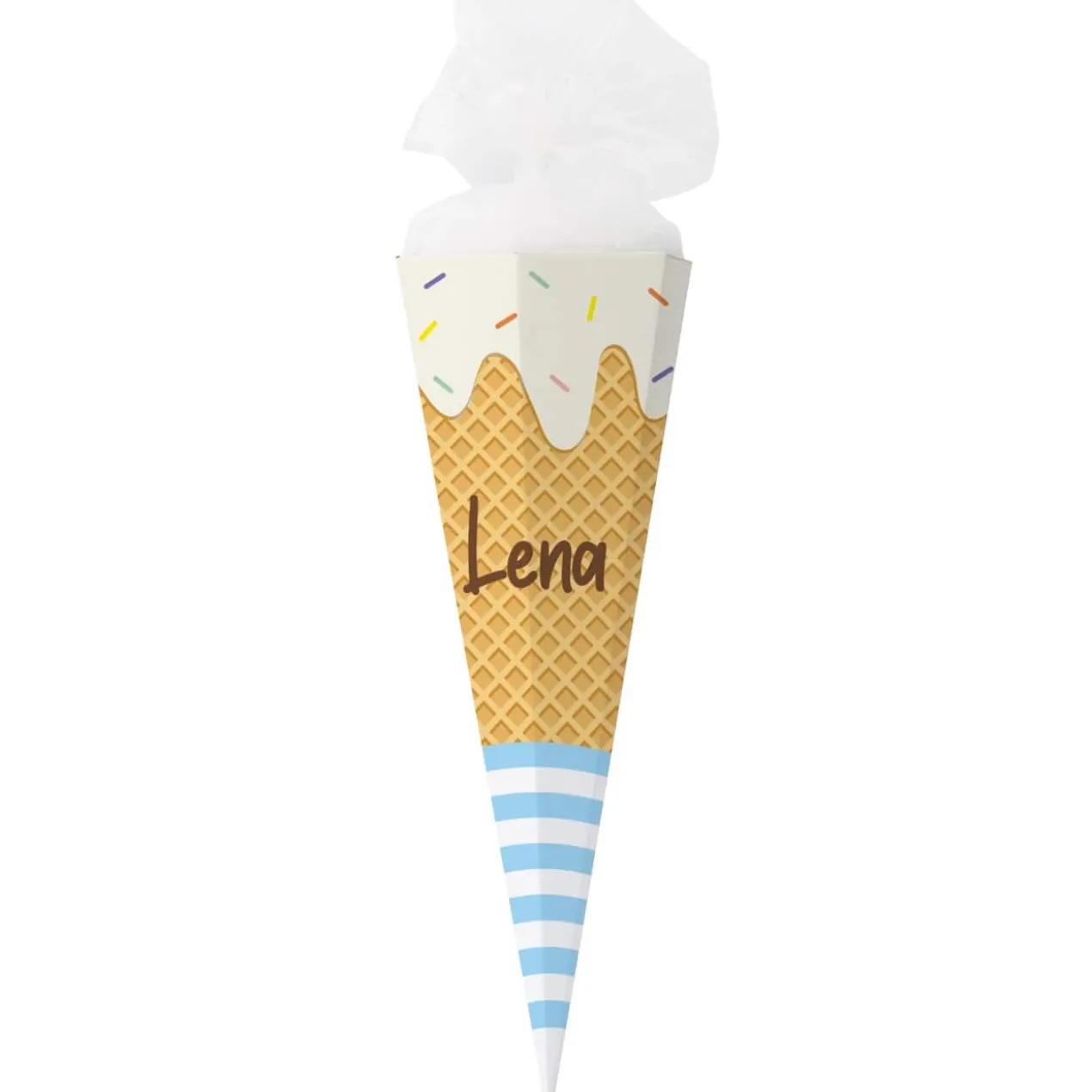 Zuckertüte in Form einer Eiswaffel mit buntem Streuselaufdruck und Wunschname
