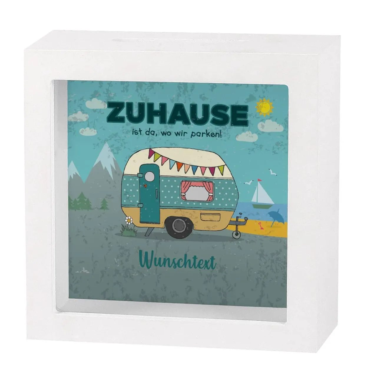 Zuhause ist da, wo wir parken - Bilderrahmen Spardose mit Wunschtext