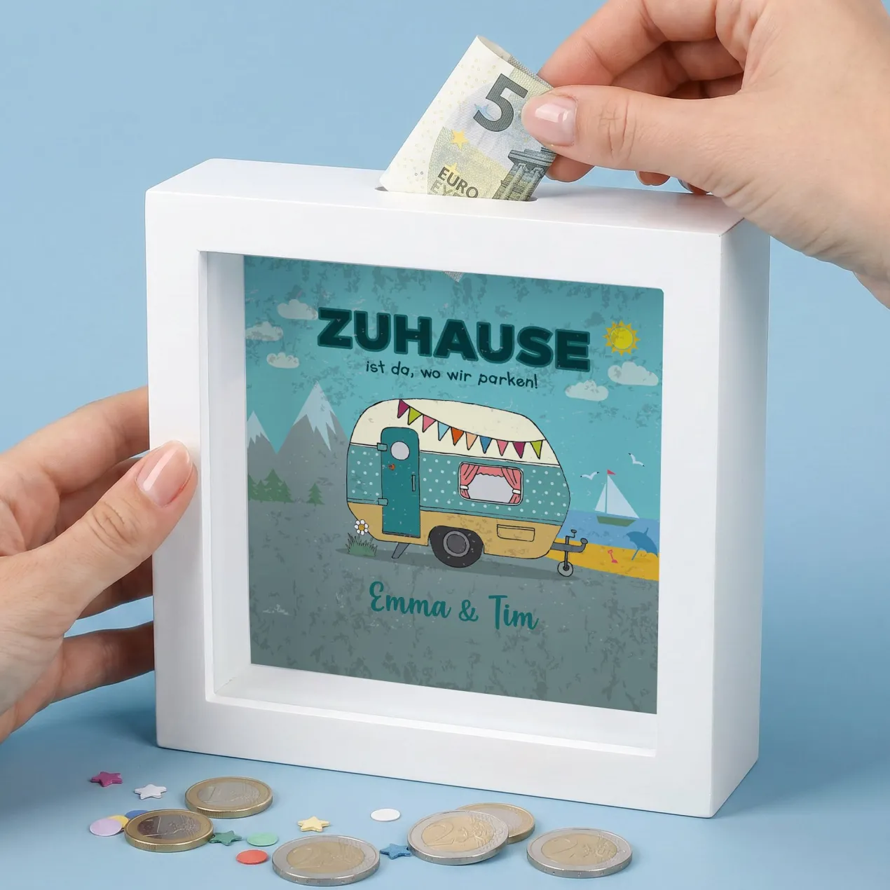 Zuhause ist da, wo wir parken - Bilderrahmen Spardose mit Wunschtext