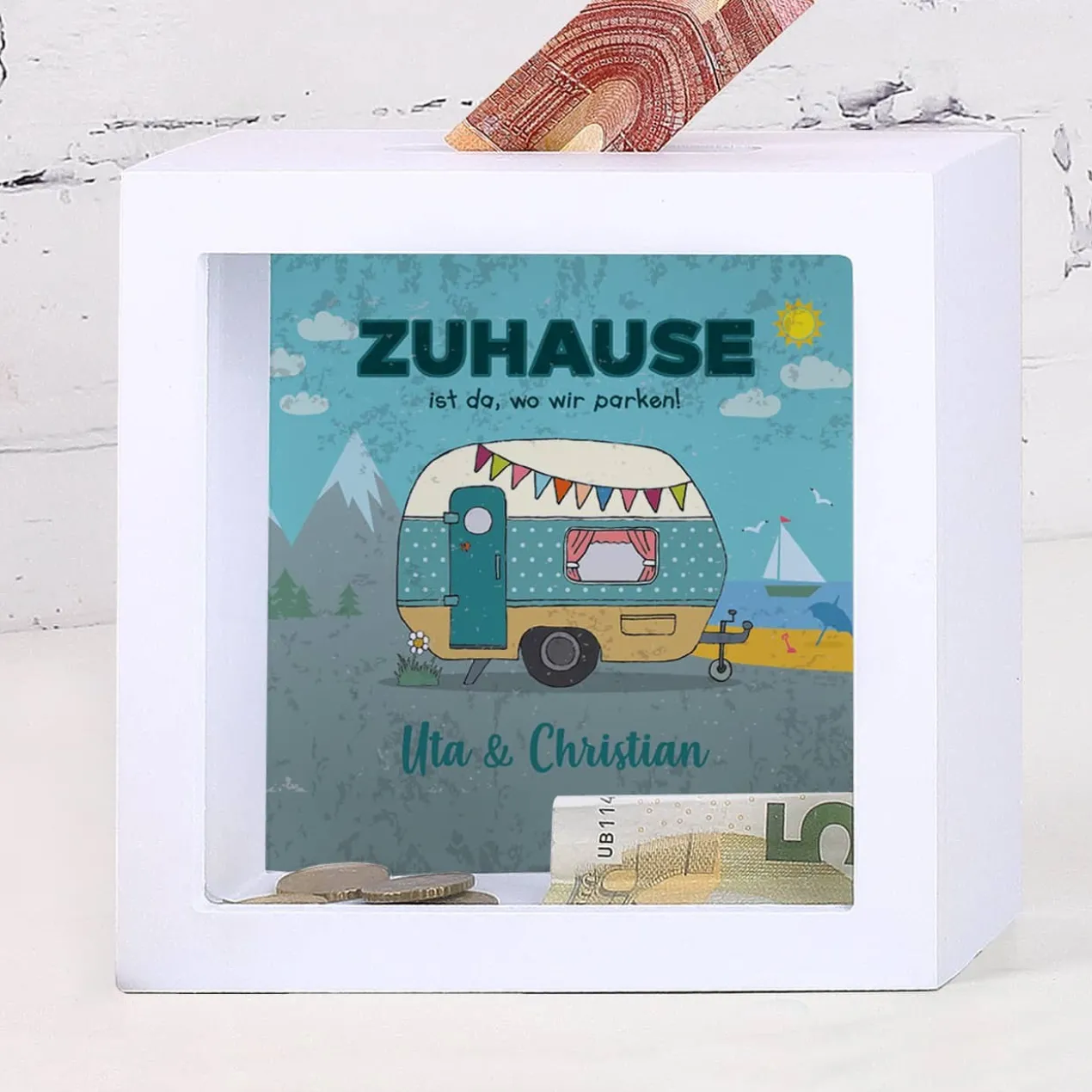 Zuhause ist da, wo wir parken - Bilderrahmen Spardose mit Wunschtext